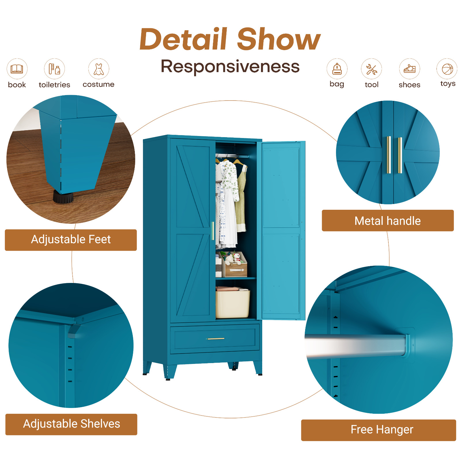 Metal armoire Wardrobe Closet with Hanging Rod,71'' Metal Wardrobe Cabinet