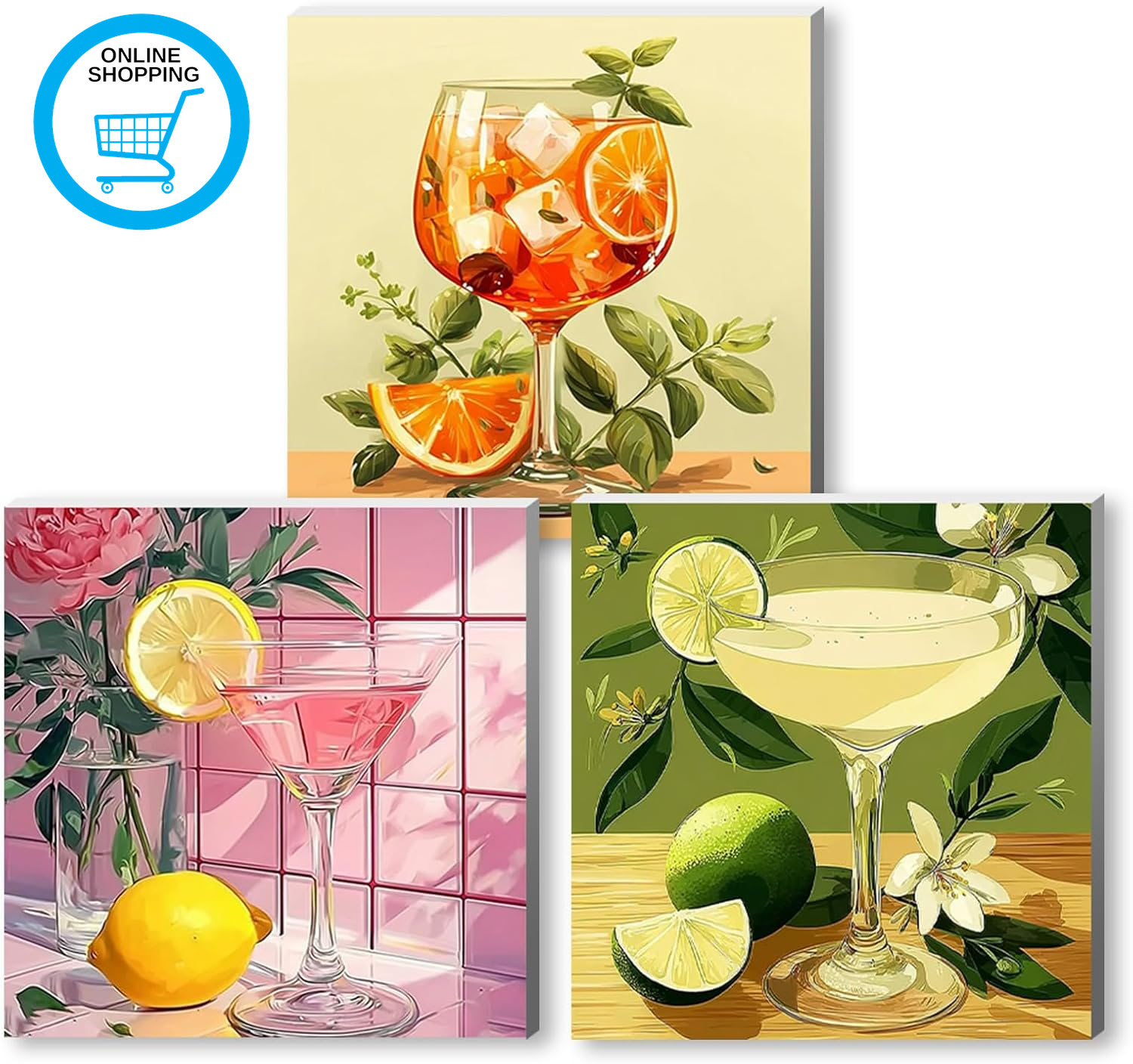 3 Pack DIY Juice Paint by Numbers for Adults,Wooden Framed Cocktail Painting by