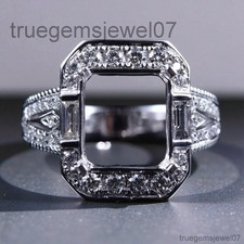 10x9MM Emerald Cut Semi Mount Engagement Ring 925 Sterling Silver Vintage Pave