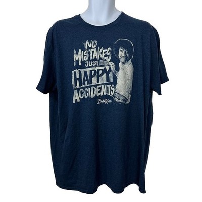 Bob Ross Graphic Tee T Shirt No Mistakes Just Happy Accidents Blue Sz