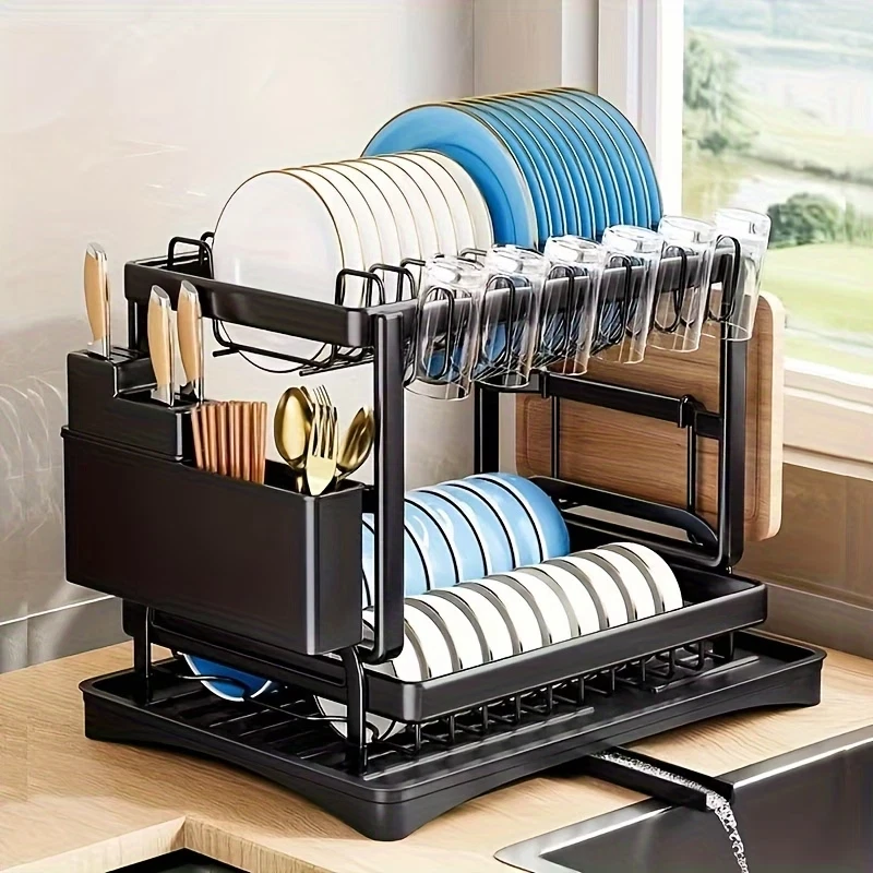 2 Tier Dish Drying Rack Large Capacity Metal Kitchen Counter Plate Organizer