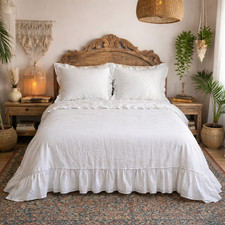 White Linen Ruffled Duvet Cover Set French Linen Bedding with Ruffle