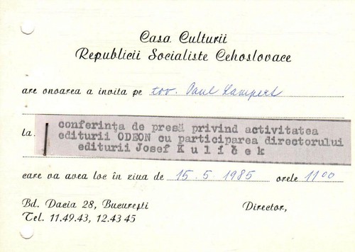 Romania, 1985, Press Conference Invitation - Czechoslovakia House of Culture - 第 1/1 張圖片