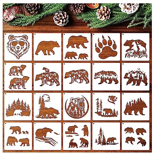 20 Pieces Stencil for Painting, Reusable Bear Mountain Tree Stencils Bear Paw...
