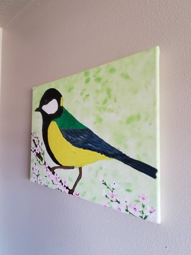 Handmade Painting Acrylic Wood Frame 16x20 Art Decor Bird Titmouse Branch... - Picture 4 of 10