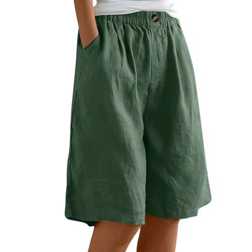 Pantalones cortos para mujer color liso bolsillo abotonado capris cintura elástica sueltos - Imagen 38 de 66