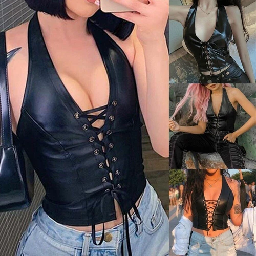 Hot Damen Gothic Wet Look Lackleder Tank Top Schnürung Corsage BH Weste Clubwear - Bild 2 von 17