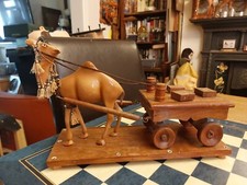 RARE Vintage Egyptian Souvenir Camel Pulling Wooden Cart Ornament 33cm