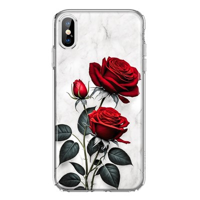 For Apple iPhone XS/X Shockproof Hybrid Case, White Marble Red Roses