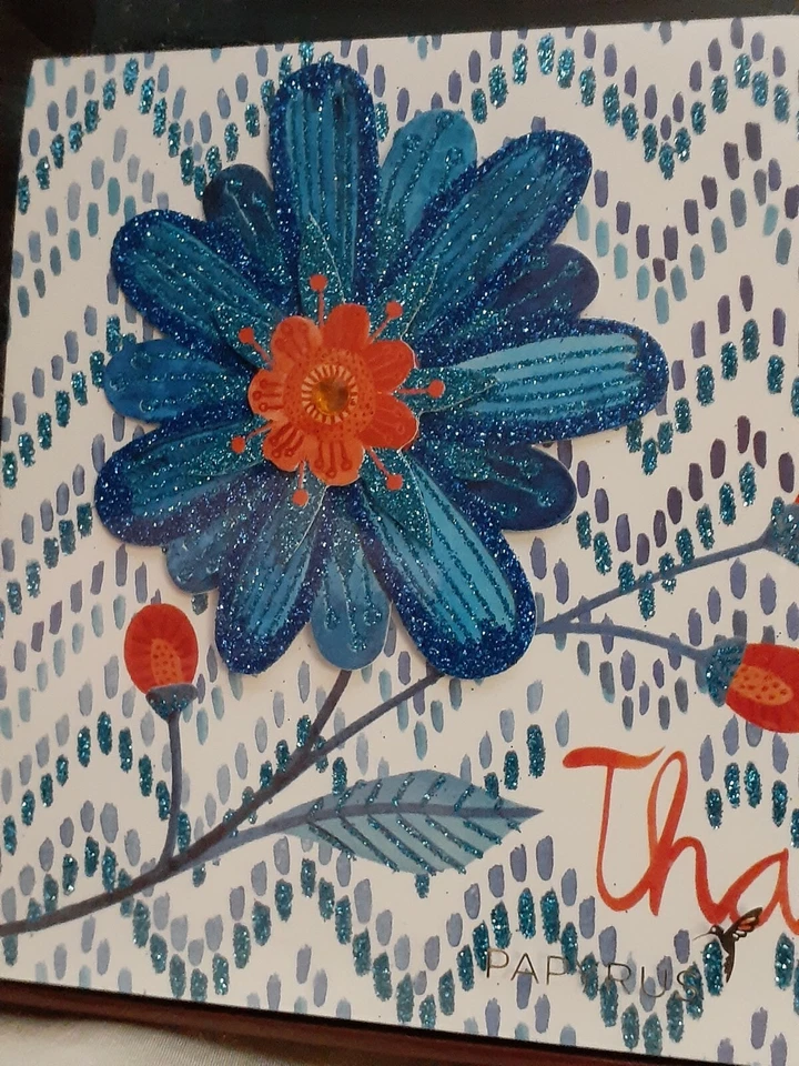 Juego de 8 tarjetas y sobres de agradecimiento de papiro azul mariposa naranja flores nuevo en caja Foto 4 de 4