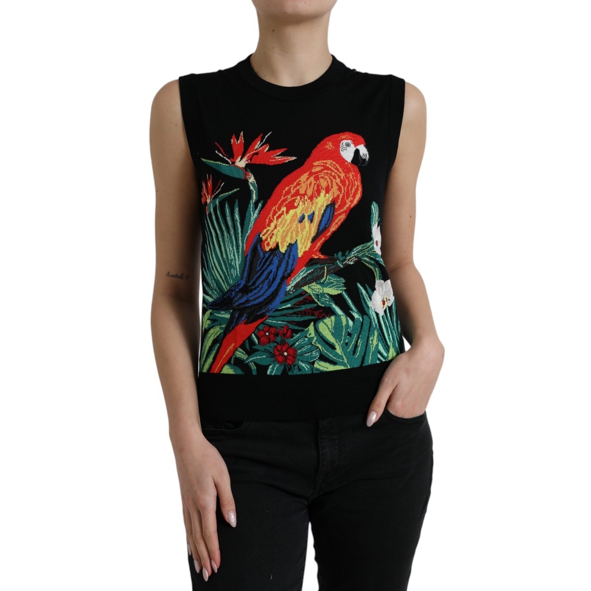 DOLCE & GABBANA Top Tank Black Jungle Crew Neck Sleeveless