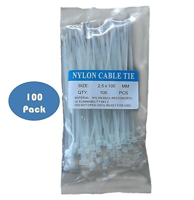 100 Pack -100 X 2.5MM Nylon Cable Tie Wraps in White 