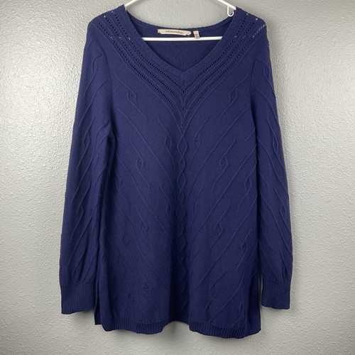 Soft Surroundings Knit Sweater Pull On Navy Textured Weave V Neck Wool Blend PM