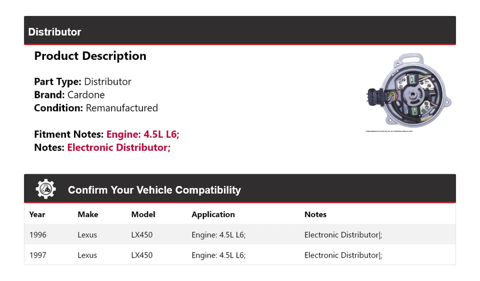 Para Lexus LX450 1996-1997 4,5 L L L6 distribuidor cardone Foto 2 de 4