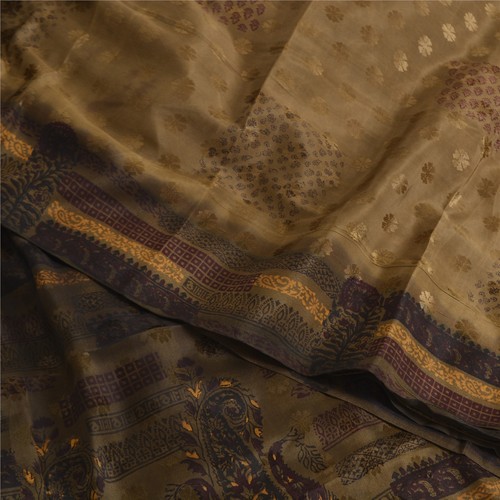 Sanskriti Vintage Sarees Brown Pure Crepe Silk Printed & Woven Sari 6Yd Fabric - Picture 10 of 12
