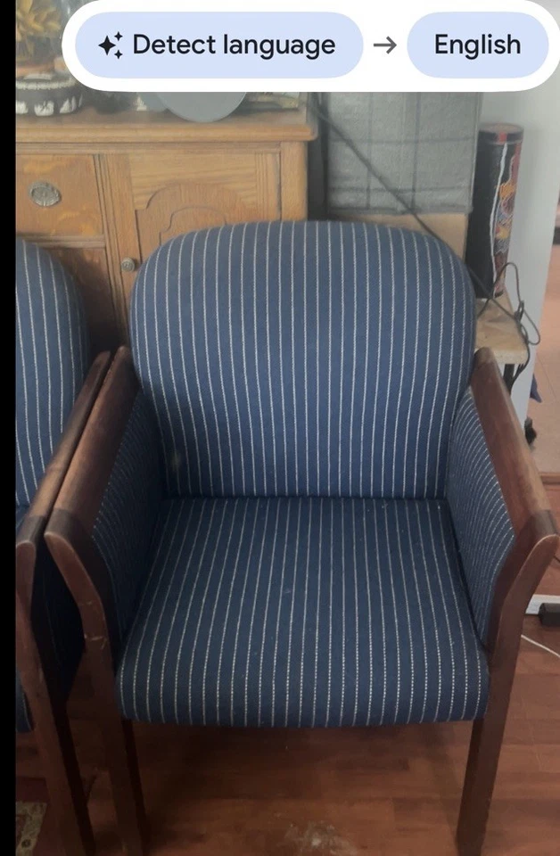 Pair Of Gunlocke Co. Chairs (2) with Blue White Stripe Upholstery Ship/Local PU - Image 4 of 4