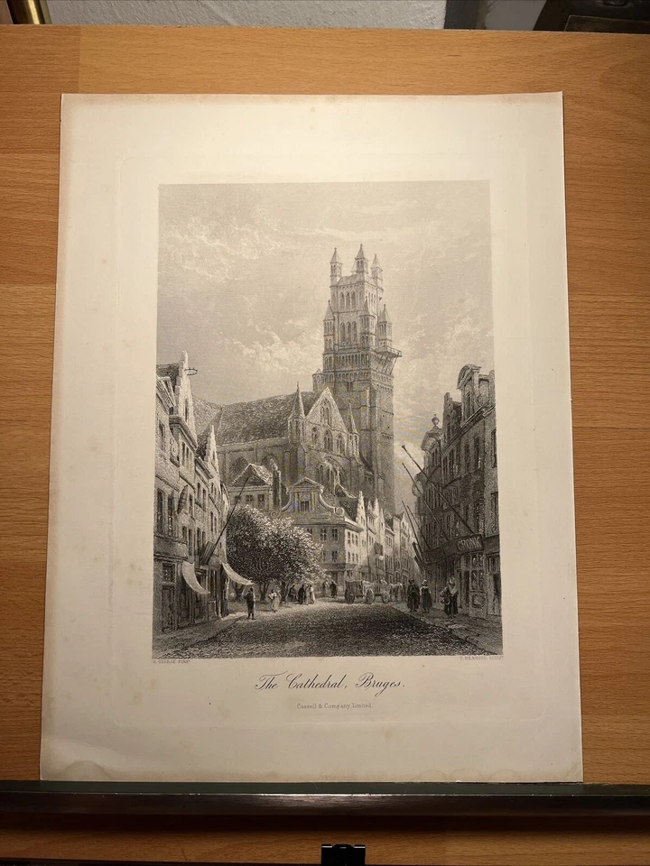Catedral Brujas 1876 Ilustración Antigua Grabado Acero Grabado Litografía - Imagen 2 de 4