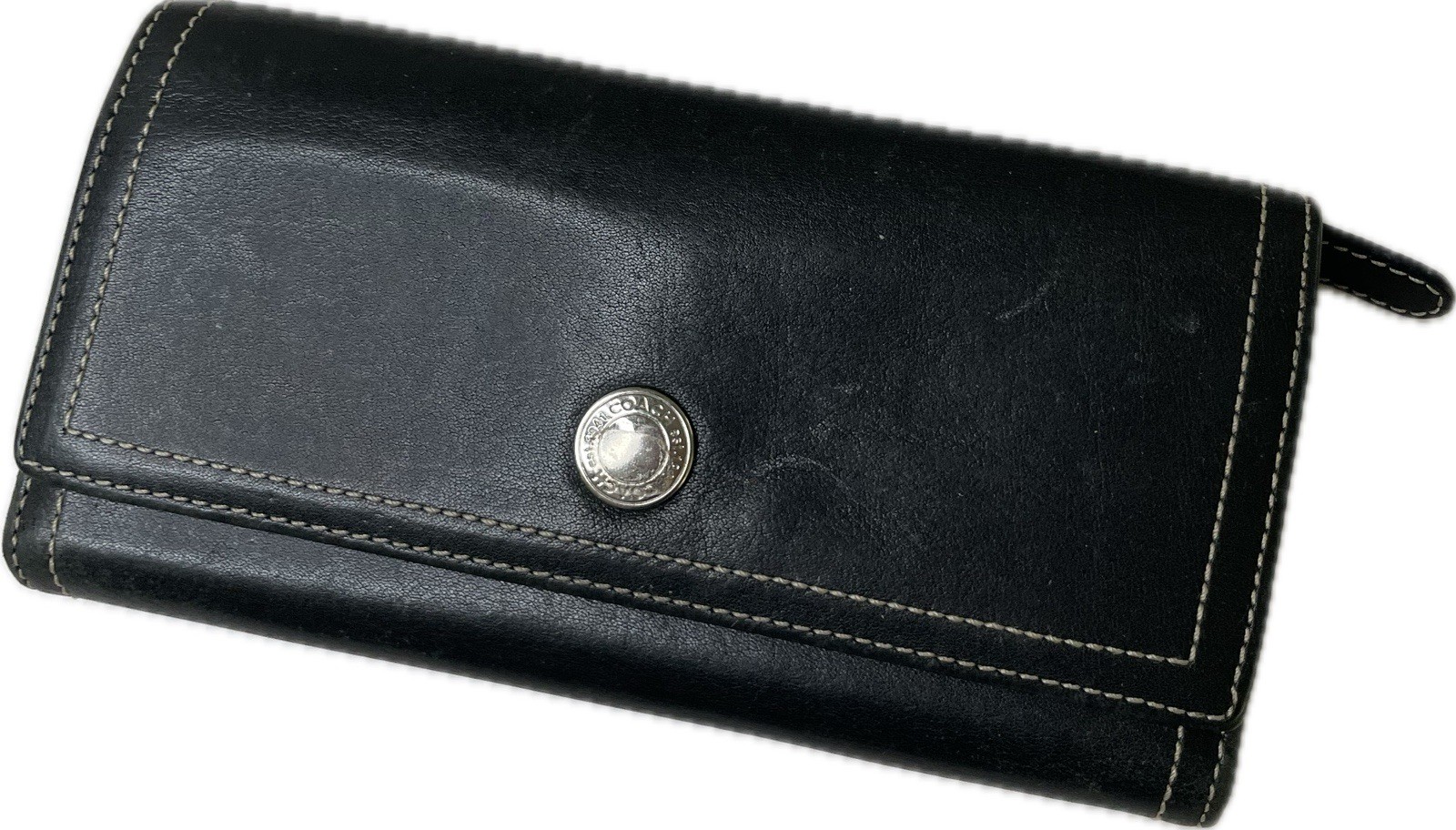 Vintage Coach Black Leather Bifold Wallet Clutch Button Snap