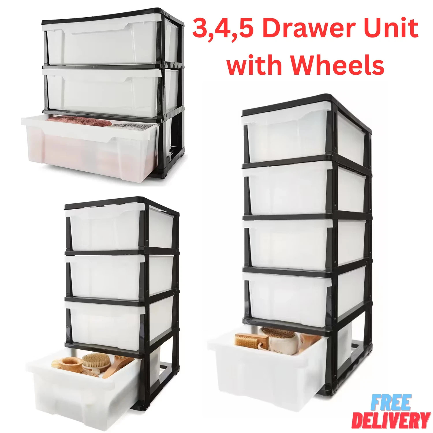 3/4/5 Drawer Storage Unit on Wheels Organizer Plastic Box Home, Office & Garage