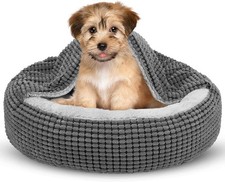 Small Dog Bed with Attached Blanket Cozy Donut Cuddler Anti-Anxiety Hooded Pet