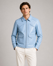Men's Sky Blue Leather Jacket with Zip Chest and Flap Pockets