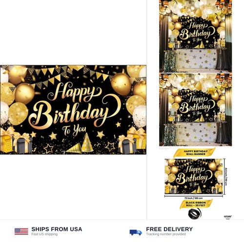 KatchOn, Black and Gold Happy Birthday Banner - XtraLarge 72x44 Inch | Birthd...