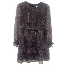 LOFT Blue Pink Paisley Dress Large Boho Flowy Sheer Sleeve Fall Casual W/boots