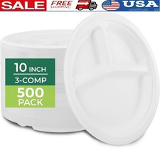 Compostable 10 Inch Plates Eco-Friendly 3-Compartment Bamboo Bagasse 500 Pack US