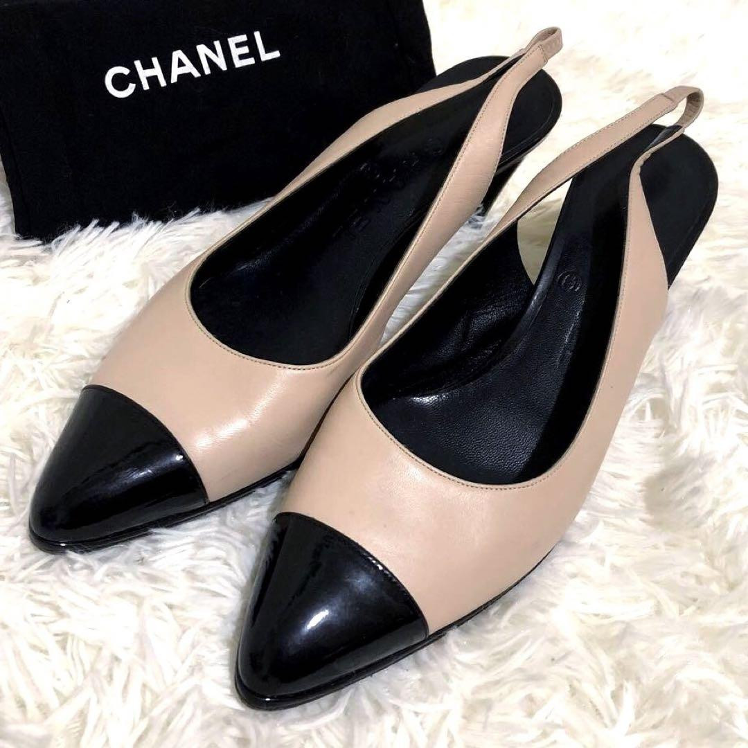 Chanel Bicolor Leather Thick Heel Pumps with Strap US 7.5 Women Size 37.5