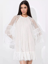Alice + Olivia White Ivory Size L Delia Ruffled Lace Mini Dress
