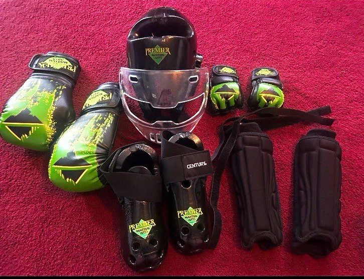 Premier Martial Arts & Century Black/Green Protective Gear Lot Headgear Gloves