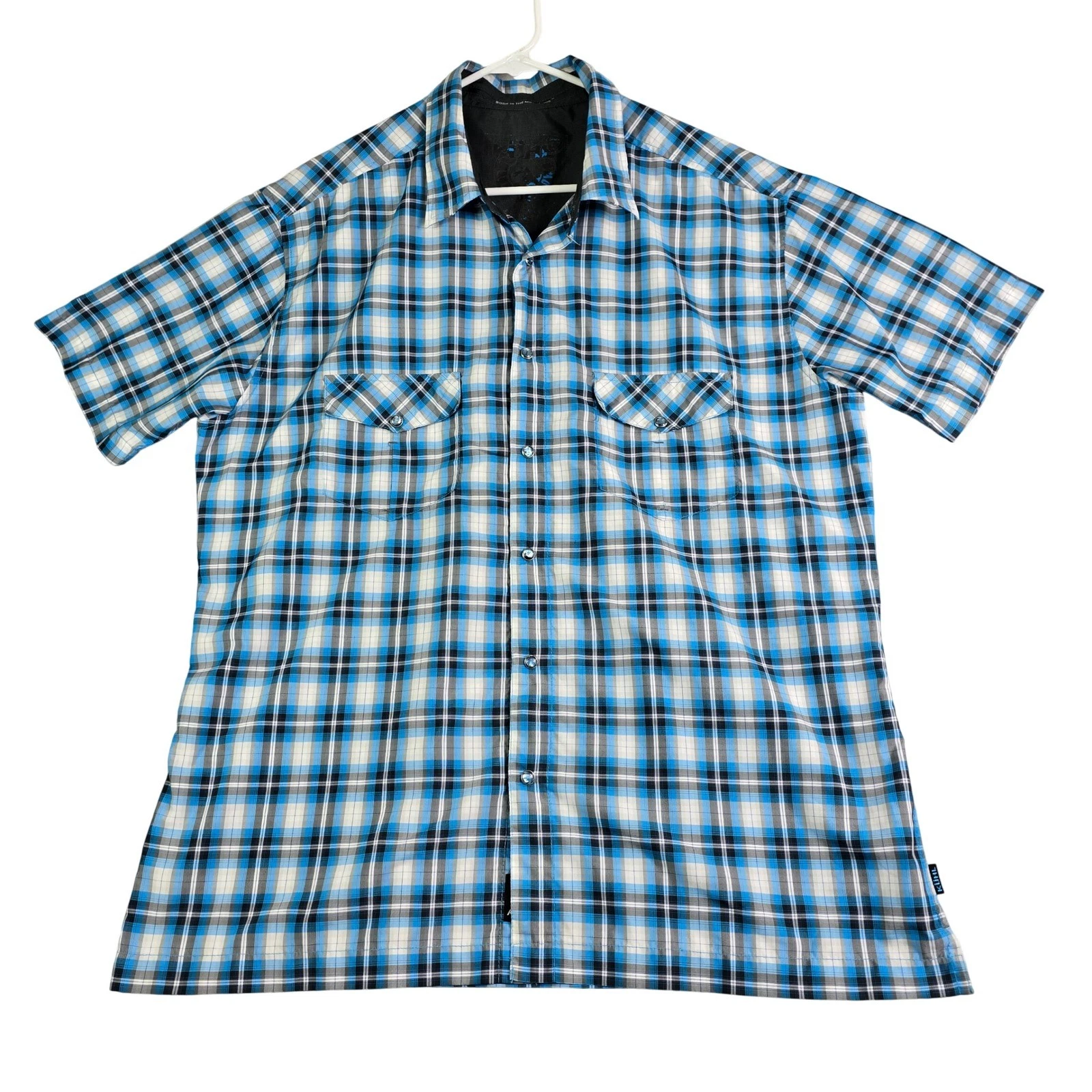 Kuhl Plaid Peal Snap Button Shirt Mens XL Blue Short Sleeve Hiking Outdoor Gorp