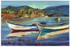 paysage marin avec barques, tableau original 20 x 30 peinture huile  au couteau