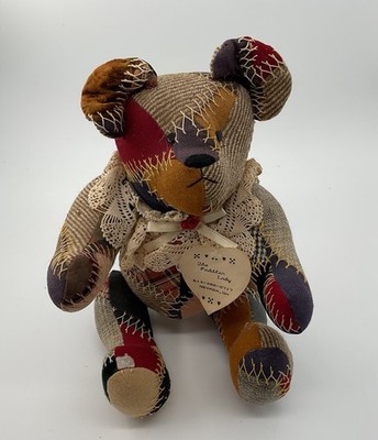 Vintage Handmade Patchwork Teddy Bear ''The Peddler Lady'' Lace Collar Ribbon Bow 
