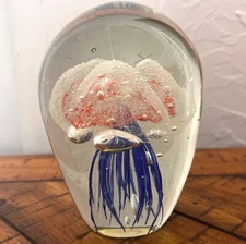 SPI Home 4" Jellyfish Blue Orange Clear Art Glass Paperweight