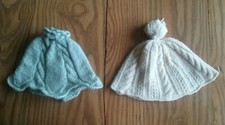 2 Vintage Hand Knitted Newborn Small Baby or Doll Hats Bonnets Caps  Blue Ivory