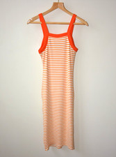EX NEW LOOK CREAM+ORANGE STRIPE RIBBED SLEEVELESS JERSEY MIDI DRESS SIZE 12