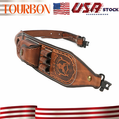 TOURBON Leather Rifle Sling Gun Ammo Carry Strap w/Knife Sheath Pocket w/Swivels