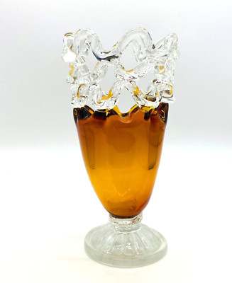 Glass Vase Hand Blown Art Open Loop Amber and Clear Glass Pedestal Vase