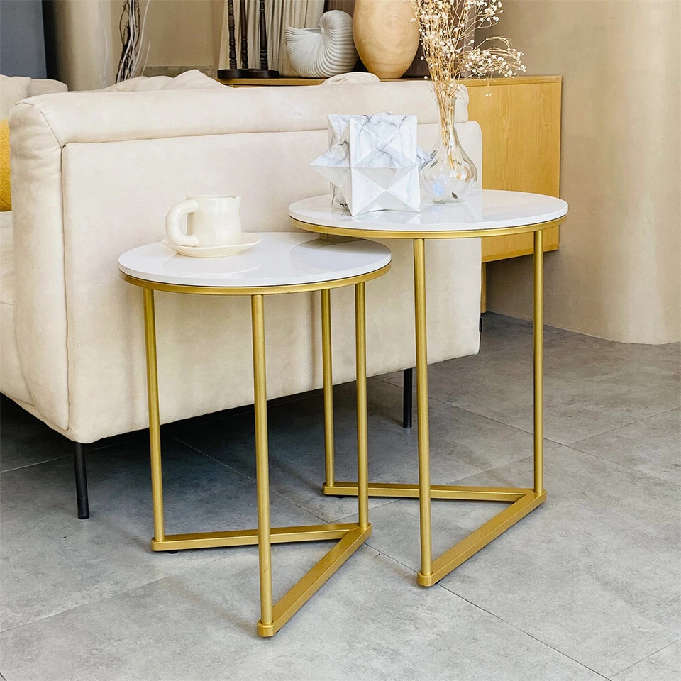 Gold Marble Nesting Side End Tables Set Of 2 Round Small Stacking Coffee Table - Image 2 of 4