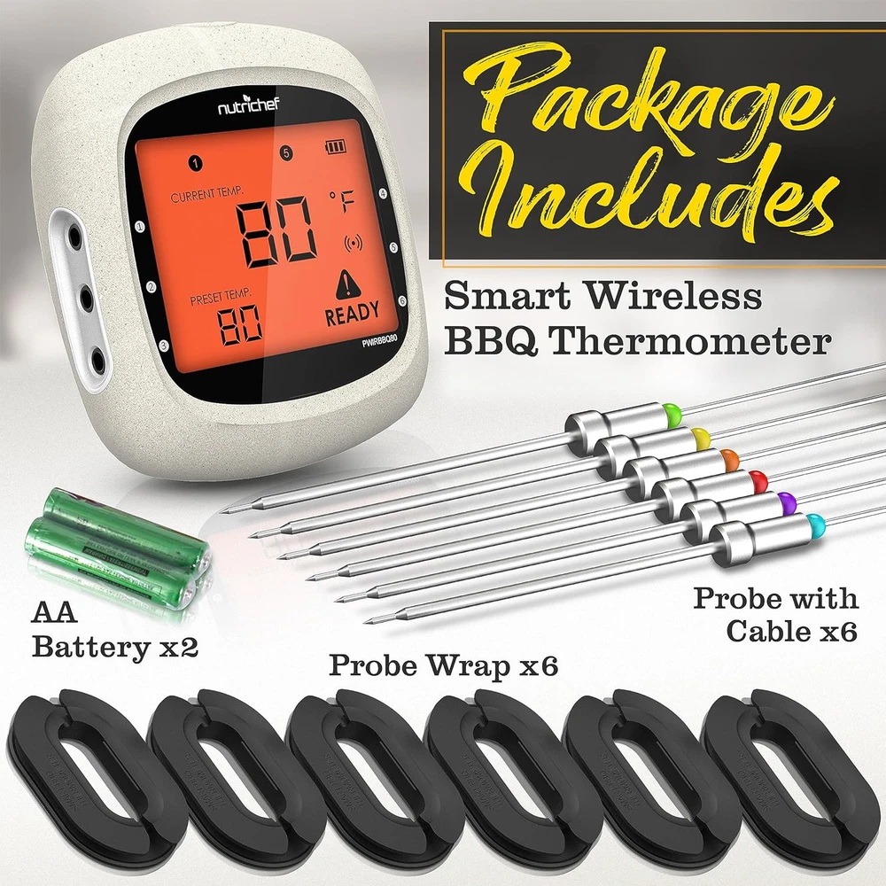 Bluetooth Meat Thermometer for Grilling and Smoking with 6 Wireless Meat Probes,