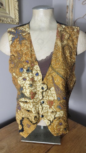 Vintage Kenar Peacock Gold Beaded Cropped Unisex Vest M Gypsy Bohemian Holiday - Picture 8 of 9