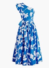 J Crew Midi Dress Women One Shoulder Blue Floral Vacay Preppy Retro Size 8 NWT