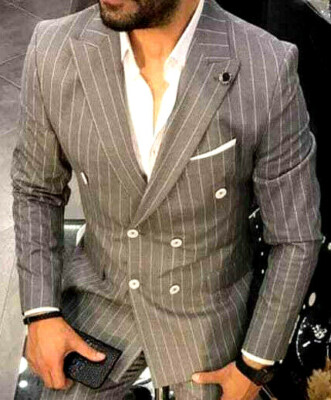 Designer Zweireiher Herrenanzug Grau Weiß Nadelstreifen Anzug Tailliert Slim Fit