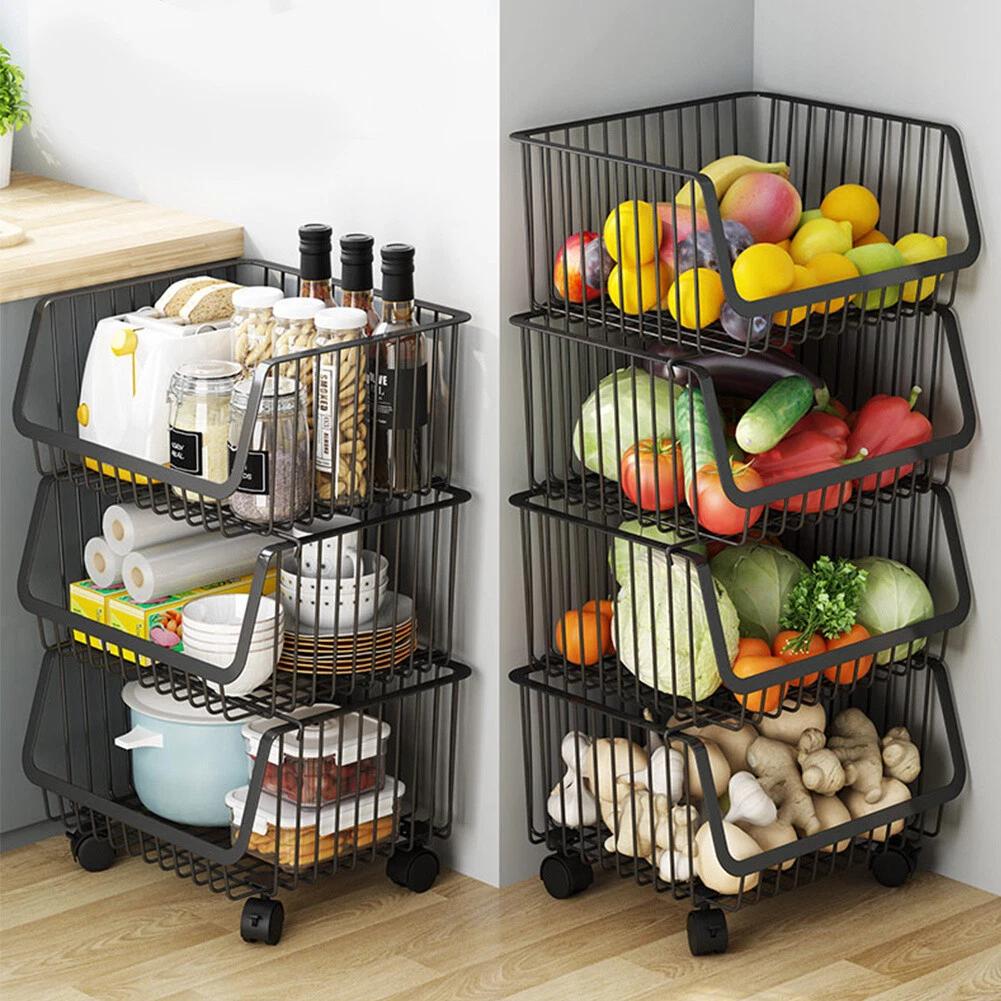 3 4 TIER KITCHEN STORAGE STACKING STACKABLE BASKET METAL WIRE FRUIT RACK SHELVES