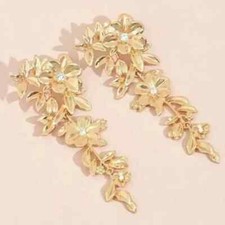 Gold Metal Floral Flower Drop Hanging Dangling Earrings