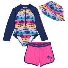 Tommy Bahama Kids Girls 3-piece Swim Set Palm Trees Color Blue/Pink Sizes 2T-5