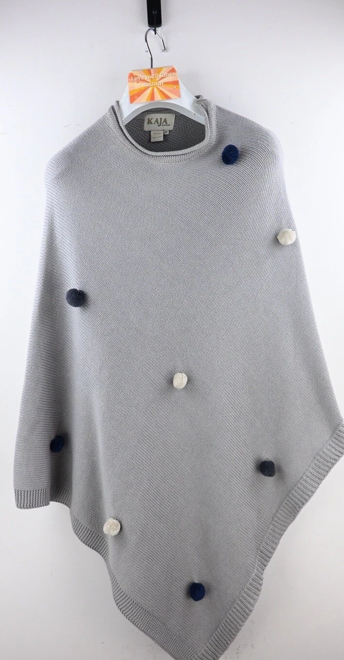 Kaja 100% cotton poncho with pom pom detail in dove grey OSFM