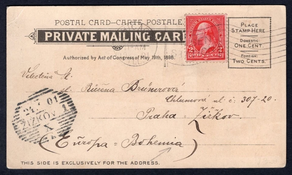 CHICAGO 1901 Masonic Temple Postcard to CZECHIA - Image 2 of 3