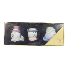 NEW SET OF 3 - Christmas Candle Holders Classic Noel Porcelain Snowmen Holiday